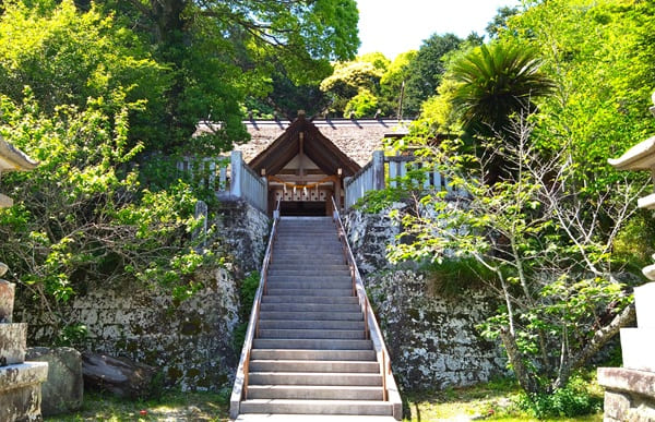 石段の上に社殿が見える風景